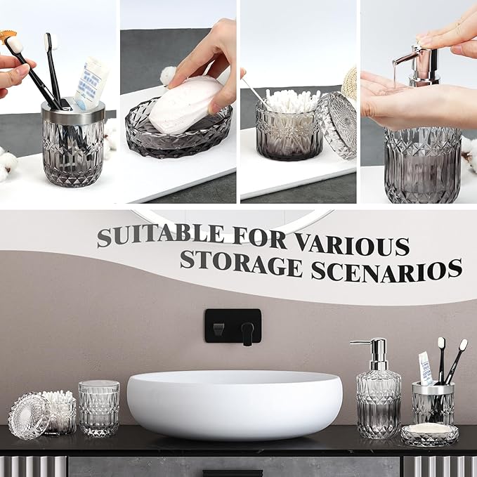 5-Piece Bathroom Accessory Set, Diamond Glass Bathroom Soap Lotion Dispenser, Toothbrush Holder, Tray, Jar, Tumbler, Luxury Vanity Organizer, Elegant Home Decor