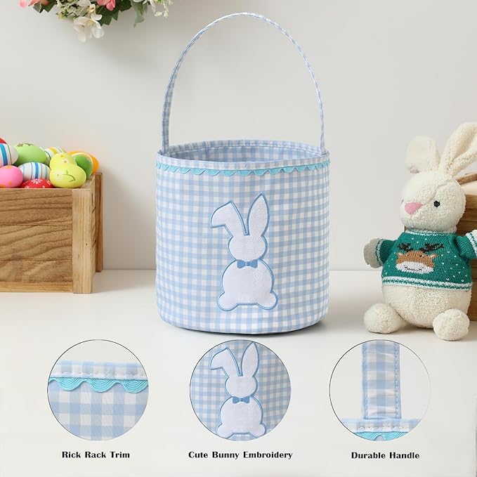 DYSHAYEN Bunny Easter Basket, Gingham Empty Easter Bucket with Handle for Easter Egg Hunts Party Favor Decorations (Blue)