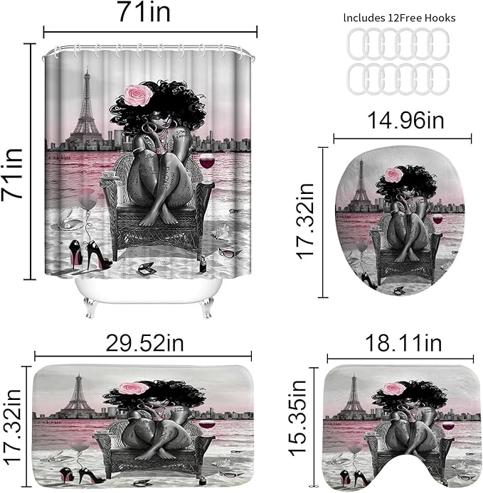 4Pcs Black Girls Bathroom Sets with Shower Curtain and Rugs, African Shower Curtain Set for Women, Eiffel Tower Pink Pattern Waterproof Fabric with 12 PCS Hooks, Cortina de baño Set completo