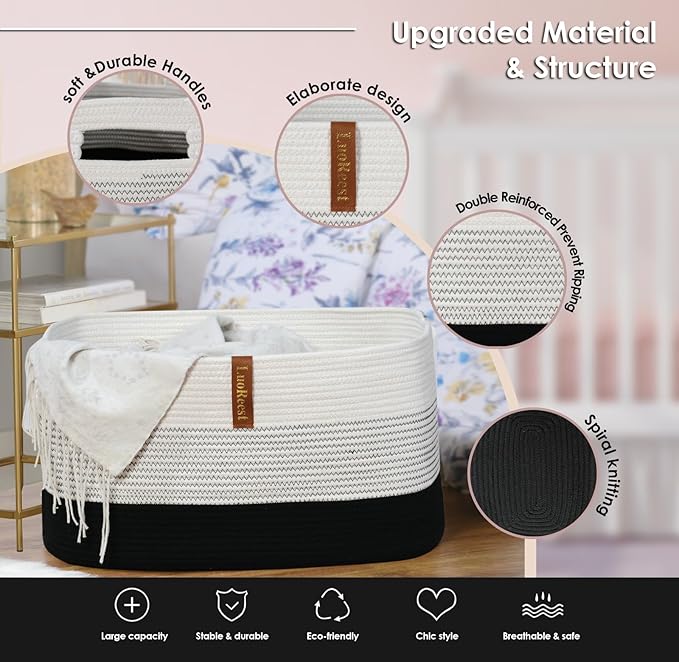 Large Blanket Basket - 22"x17"x12" Rectangular Woven Storage Basket with Handles for Nursery, Living Room, and Toys - 100% Cotton Rope, Safe for Kids and Pets(Black)