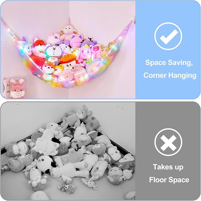 Basumee Stuffed Animals Net or Hammock with LED Light Hanging Toy Net Hammock for Stuffed Animals Storage Stuff Animals Hammocks for Nursery Room with Remote Control, 8 Kinds of Lights(Pack of 1)