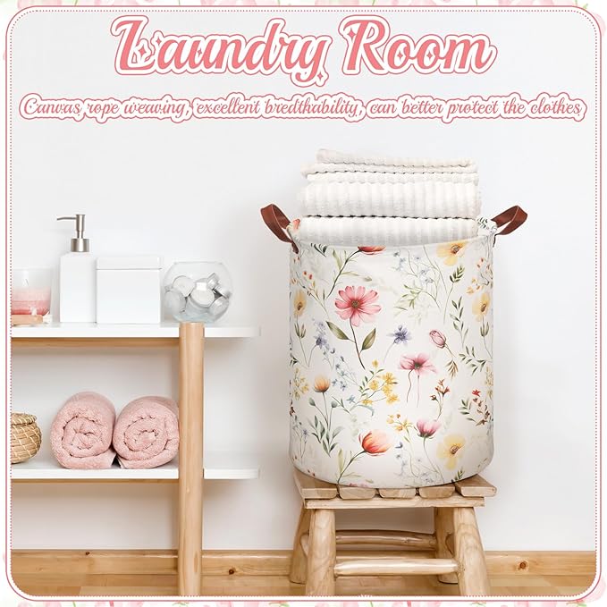 2 Pcs Wildflower Laundry Basket Coquette Storage Basket for Girls Nursery Hamper with Handles Foldable Waterproof Collapsible Storage Bin Organizer for College Dorms Bathroom