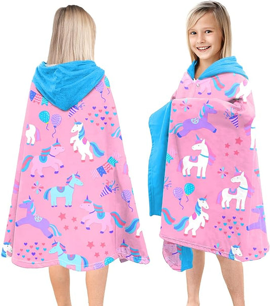 Hooded Towels for Kids -Toddler Beach Towel- Super Absorbent & Quick Dry 100% Cotton 35x60 Inch - to Kid Ages 3-12-Sky Blue Unicorn Pattern Design