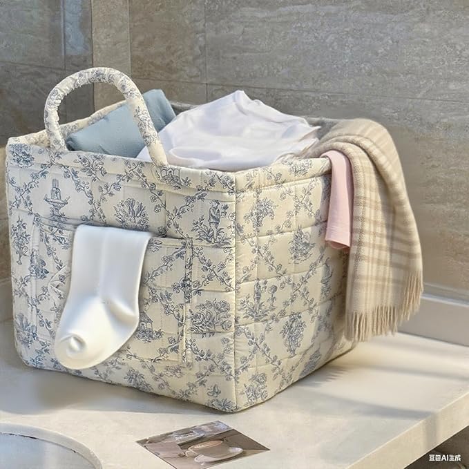 JQWYGB Foldable Laundry Basket Boho Bear Storage Basket Floral Quilted Fabric Car Storage Basket Handles Large Laundry Baskets for Clothes and Dolls