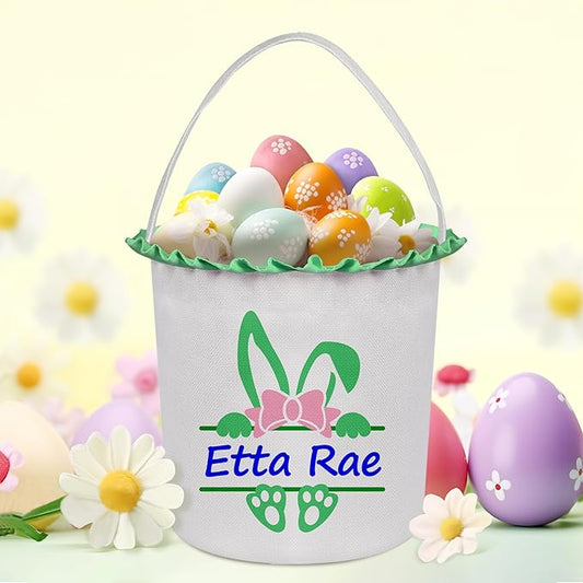 Easter Baskets for Girls Boys, Personalized Easter Basket with Name - Green Bow Bunny