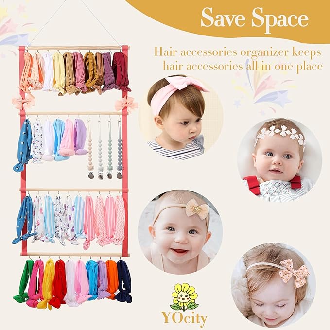Baby Headband Organizer - Bow Holder & Clip Storage for Girls' Hair Bows - Wall Hanging Decor (Pink)
