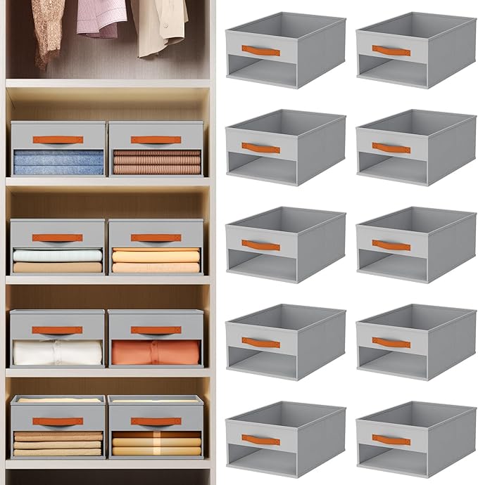 Closet Organizers and Storage - 10 Pack Storage Bins Baskets for Organization Foldable Closet Organizer with Clear Window & Handles for Clothes, Toys, Towels, Small Essentials (Grey)