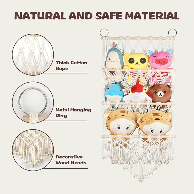 Stuffed Animal Storage Macrame Stuffed Animal Toy Storage Net Wall Mounted Hanging Stuffed Animal Holder Toy Plush Storage Bohemian 3 Layer Hanging Organizer for Kids Bedroom Nursery Room Home Decor