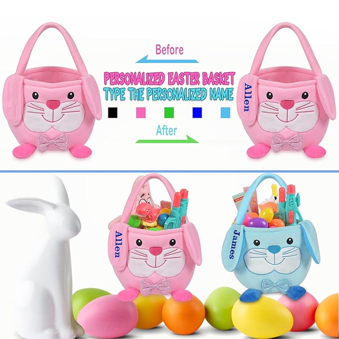 Personalized Easter Basket, PEMIRSAYO Easter Baskets for Kids Easter Bunny Baskets Custom Easter Basket Personalized Easter Gifts Toddler Easter Baskets Empty - Pink Bunny