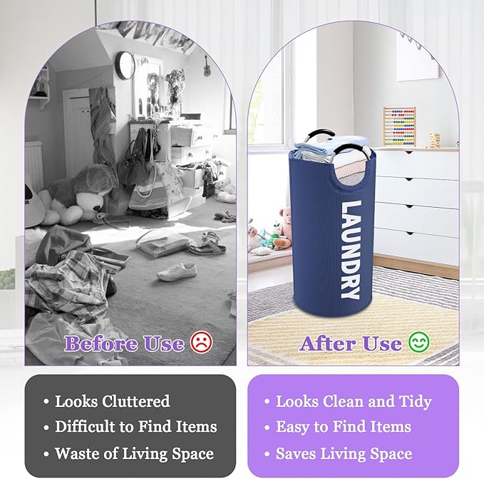 95L Collapsible Laundry Baskets for Boy, Big Clothes Hampers with Handles, Stand-alone Laundry Bin, Portable Dirty Clothes Basket for Bathroom, Camping, Navy Blue