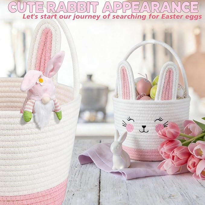 Easter Bunny Basket with Handle, Large Capacity Easter Egg Fillable Basket with Name Tag, Rabbit Ear Rustic Bunny Baskets Party Decoration Supplies