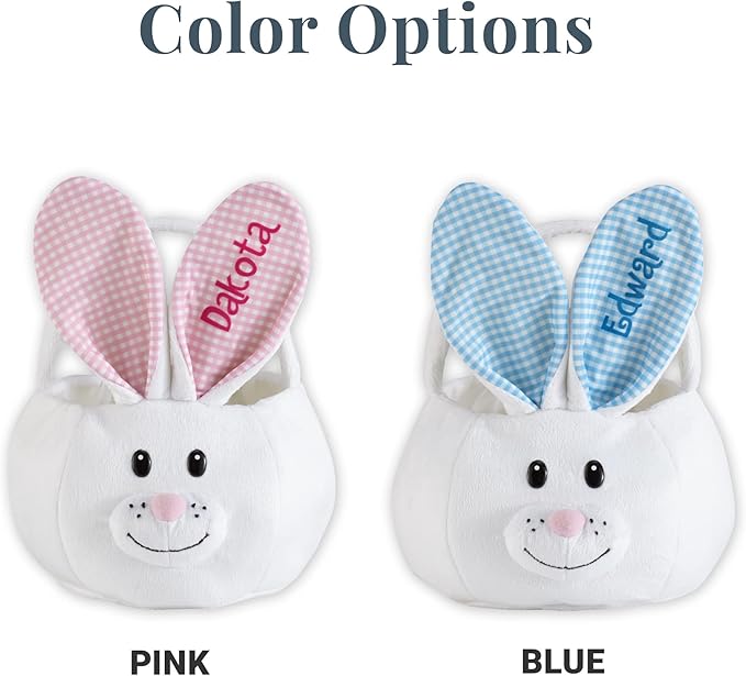 Let's Make Memories Personalized Easter Basket for Kids - Custom - For Boys and Girls - Fillable - With Optional Easter Basket Stuffers - Plush Bunny with Pink Gingham Ears