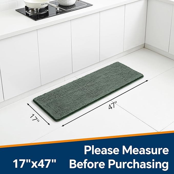 Hunter Green Bathroom Rugs 17"x47" - Plush Chenille Non-Slip Runner Bath Mat - Absorbent, Washable, Soft Decor for Shower, Sink, Tub, Kitchen, Home Accessories