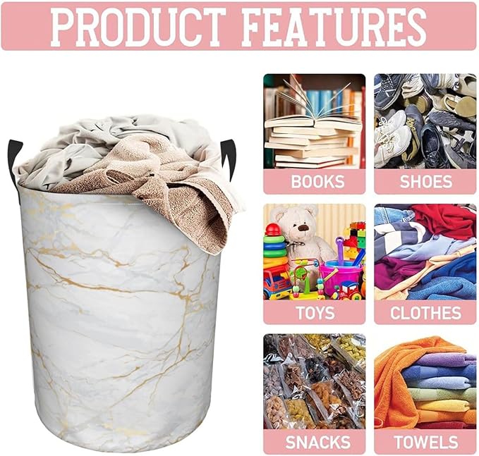 Marble Print Round Laundry Hamper Storage Basket Toys Clothes Organizer Bin For Home Bathroom Bedroom Dorm Nursery, 62l