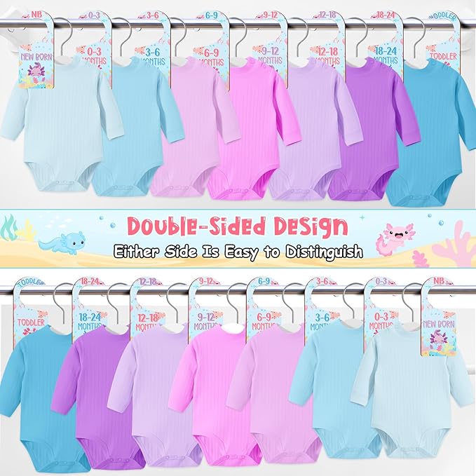 Baby Closet Dividers 8PCS, Axolotl Themed Wooden Double-Sided Clothes Size Hanger/Organizer from Newborn to Toddler for Nursery Decor Baby Shower Birthday Gender Reveal Party Gift