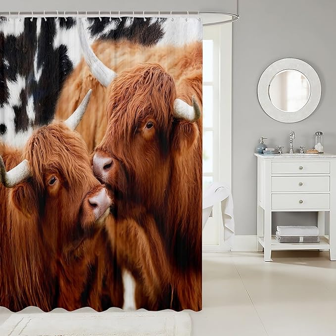 Highland Cattle Couple Shower Curtains,Cow Fur Bathroom Curtains for Kids Teens Adult,Farmhouse Animals Cowhide Waterproof Bath Curtains,with 12 Hooks Suits for Bathtub, 72" W x 72" L,Brown Rustic