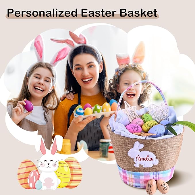 Personalized Name Basket for Boys Girls Easter Bunny Basket for Kids Egg Hunting Easter Basket Gift for Holidays(Pink)