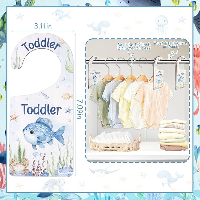 Baby Closet Dividers 8PCS, Under The Sea/Ocean Animal Theme Wooden Double-Sided Clothes Size Hanger Organizer from Newborn to Toddler for Nursery Decor Baby Shower Birthday Gift