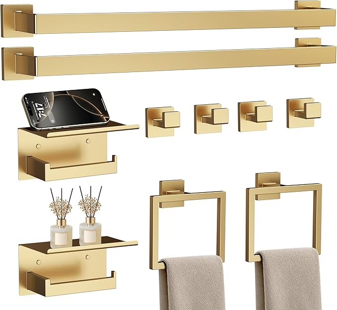 10-Piece Brushed Gold Bathroom Accessories Set, 23.6 Inch Bathroom Hardware Set, SUS304 Stainless Steel Bath Towel Bar Set, Toilet Paper Holder with Shelf, Towel Hooks & Ring Wall Mounted