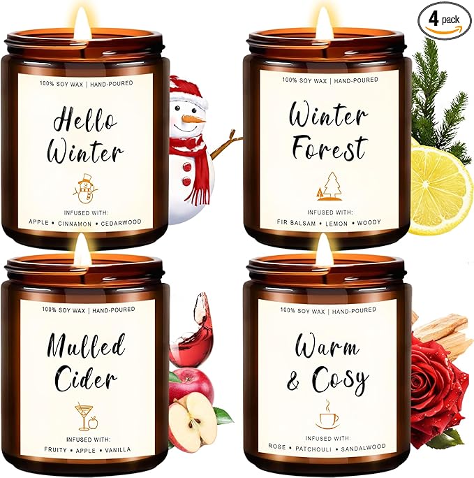 4 Pack Winter Candles - 28oz Soy Candle Set, Winter Scented Candles with Apple Cinnamon, Fir Balsam, Mulled Cider, Sandalwood – Holiday Candle Gifts for Women, Mothers, Galentines Day & Cozy Nights