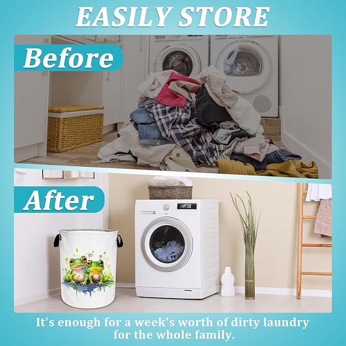 Watercolor Frog Laundry Basket, Foldable Waterproof Oxford Cloth Laundry Hamper Funny Tote Bag Dirty Clothes Storage Bucket Toy Organizer for Bathroom/Laundry/Bedroom 15.7"x19.6"