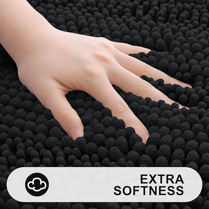 Grandaily Chenille Striped Bathroom Rugs 47x17, Extra Thick and Absorbent Bath Mats, Non-Slip Soft Plush Shaggy Shower Carpet, Machine Wash Dry, Bath Rug for Bathroom, Black