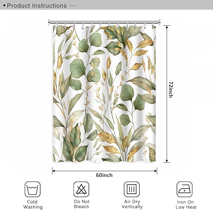 Green Eucalyptus Leaves Bathroom Shower Curtain Tropical Leaf Nature Plant Shower Curtain Polyester Waterproof Fabric Modern Home Decor Bath Shower Curtain with Hooks, 60x70 Inch