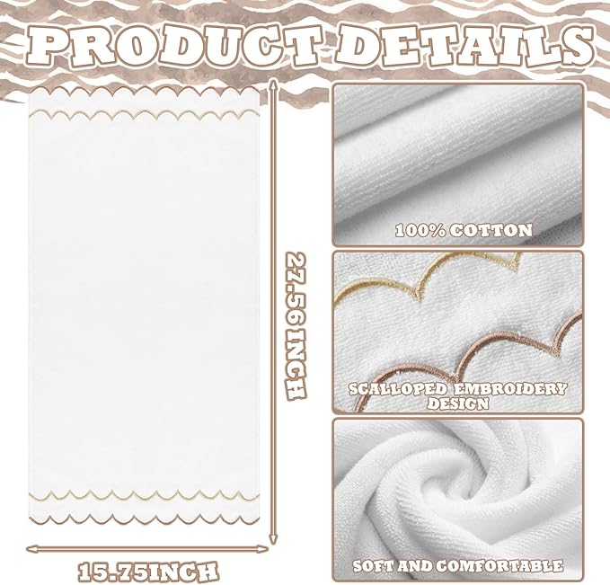 2 Pcs Scalloped Hand Towels 100% Cotton Fingertip Towels for Bathroom 15.75 x 27.56 Inch 600 GSM Cute Soft Absorbent Embroidered Decorative for Home Hotel(Brown,Classic)