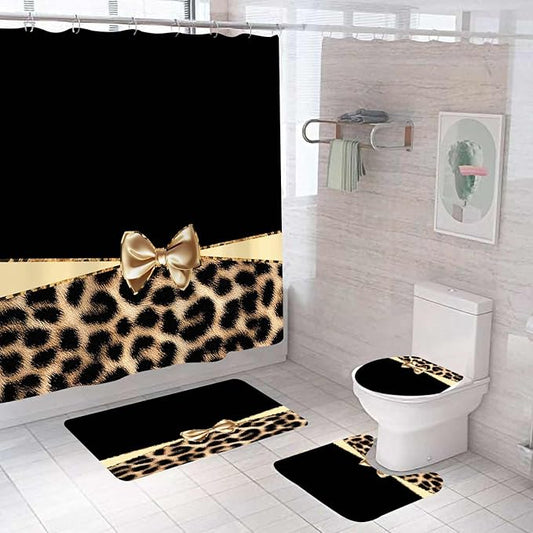 4PCS Leopard Print Shower Curtain Sets With Rugs, Waterproof Fabric Black Shower Curtain, Girly Golden Ribbon Bow Bowknot Cat Cheetah Print Safari Animal Skin Modern Women Girls Bathroom Decor