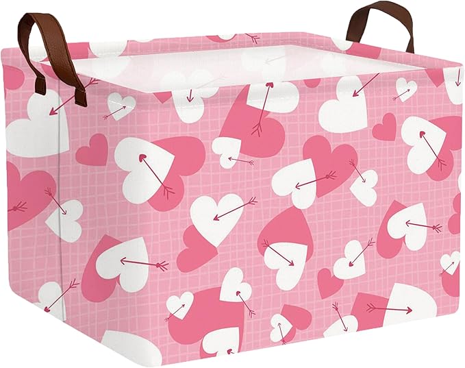 Large Valentine's Day Basket Heart Shaped Storage Bin for Gifts Collapsible Organizer Room Decor (Arrow White Pink Love)