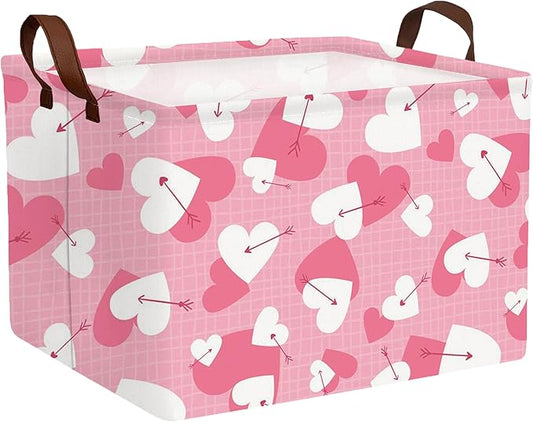 Large Valentine's Day Basket Heart Shaped Storage Bin for Gifts Collapsible Organizer Room Decor (Arrow White Pink Love)