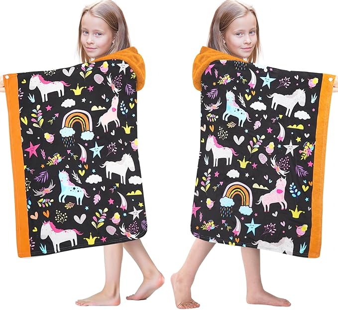Hooded Poncho Towels for Kids 3-10 Years-Soft Thick Cotton Floral Unicorn Toddler Hood Bath Towels/Pool Terry Towel Beach Wrap Absorbent Cute Bath & Swim Wrap Gift for Boys & Girls-Black