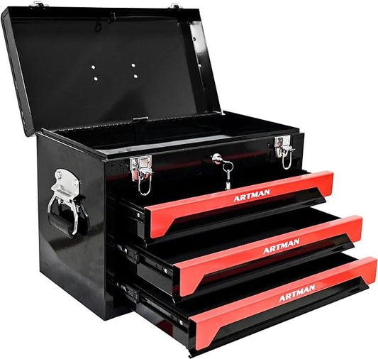 20" Portable 3 Drawer Steel Toolbox, 4 Layers of Tools with Metal Latches, with Top Storage Tray and Carrying Handle, Multi-Function Tool Storage for Garage, Home,or Workbench