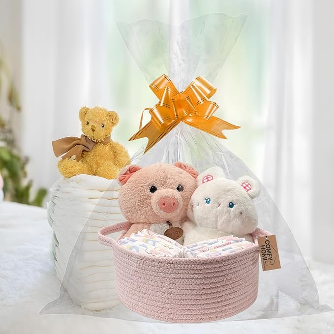 COMFY HOMI Small Woven Gift Baskets with Handles, Gift Bags and Ribbons - Cotton Rope Storage Basket for Organizing, Dog Toy Basket Box, Gift Baskets Empty, Mother’s Day-φ11X5 Inch（all pink）