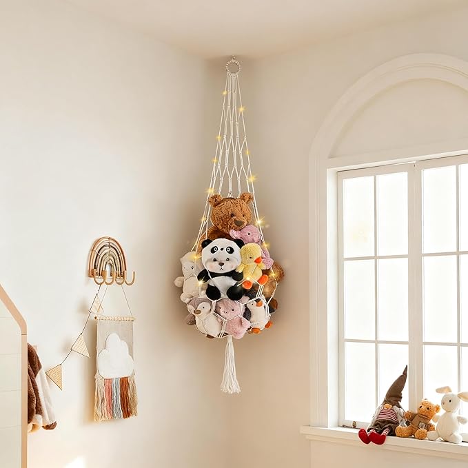 Stuffed Animal Hammock Corner Net Plushies Storage Hammock for Stuffed Animals Boho Room Decor Macrame Wall Decor with LED Light