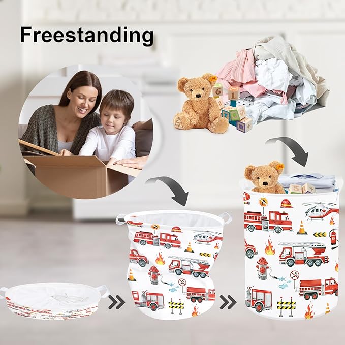 Clastyle Large Red Fire Engine Kid Laundry Hamper for Boy Collapsible Dog Clothes Toy Storage Basket with Lid for Nursery