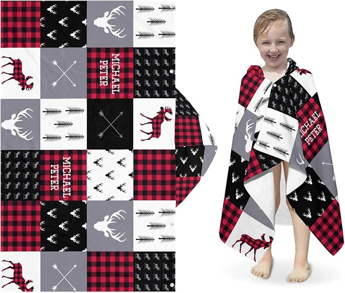 Hooded Towel for 3-12 Years Boys Girls Kids Buffalo Plaid Deer Woodland Bath Pool Beach Towel Wrap Extra Large Soft Absorbent Beach Poncho