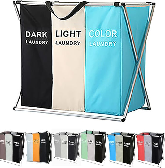 Laundry Cloth Hamper Sorter Basket Bin Foldable 3 Sections with Aluminum Frame 26InIn×24InInH Washing Storage Dirty Clothes Bag (3 Liner, Black + white + sky blue)