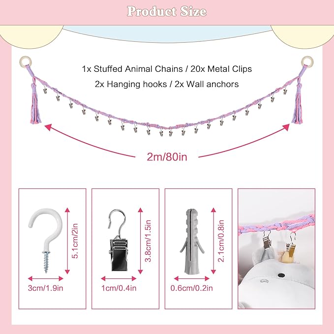 80" Cotton Hanging Storage Chain For Stuffed Animals Storage with 20 Metal Clips, Stuffed Animal Organizer Chain for Wall Corner Nursery Play Room, Rainbow