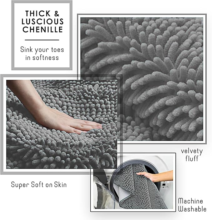 Hearth & Harbor Bathroom Rugs, Chenille Bath Mat - Machine Washable Bath Mats for Bathroom Non-Slip Backing Rubber, Quick Dry Bathroom Mat, 26 x 44 - Frost Grey