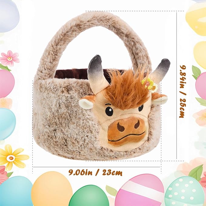 Easter Basket, Soft Highland Cow Plush Baskets, Easter Egg Hunt Buckets, Easter Decorations Indoor Outdoor, Cute Easter Gifts for Kids, Adults, Teens, Toddlers, Girls
