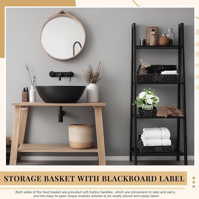 4 Pcs Natural Storage Baskets Set Stackable Handwoven Wicker Storage Bins with Chalkboard Label Built-in Handles Woven Container Basket Kitchen Baskets for Shelves(Black)