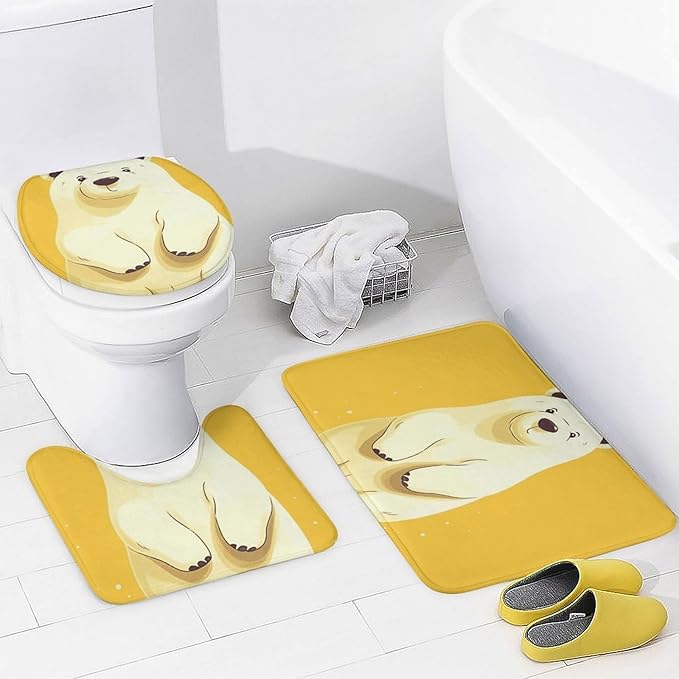 4 Piece Bathroom Rug Set with Shower Curtain, Non-Slip Bath Mat Toilet Cover Set, Cute Cartoon Polar Bear Bathroom Rug Sets