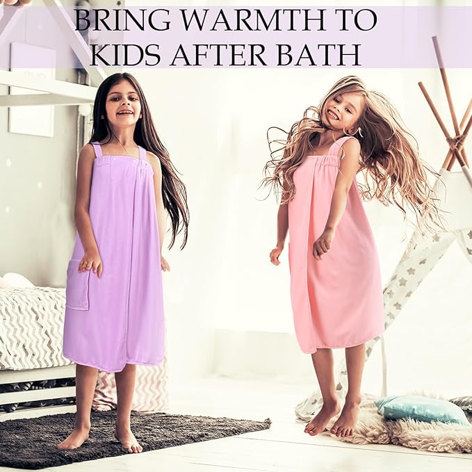 2 Sets Girls Towel Wrap Hair Towel Wrap for Kids with Soft Bath Body Dress Cute Adjustable Bathrobe with Turbans for 3.9-4.9 ft Kids Girls Wet Hair Rapid Drying(Classic Style)