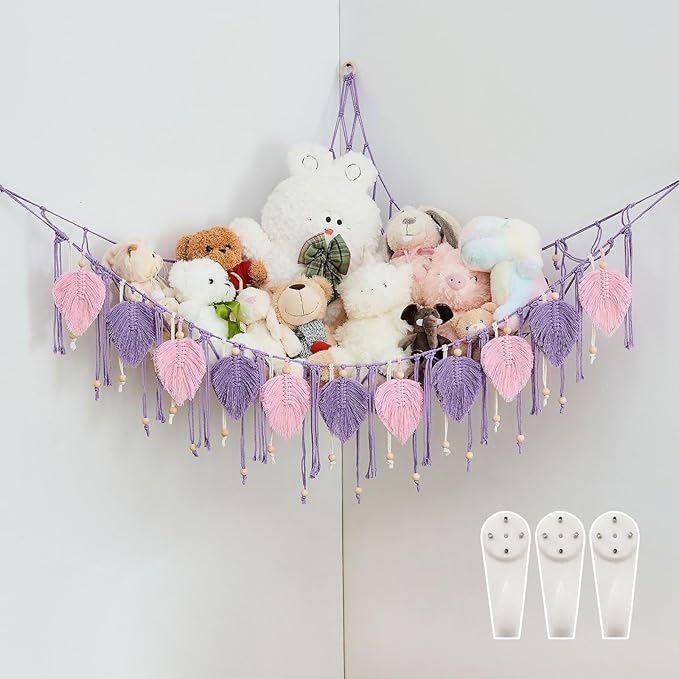 Pretty Jolly Macrame Stuffed Animal Hammock with Beads Hand Woven Leaf Tassels Corner Hanging Net Boho Plush Holder for Toys Kid Room Nursery Decor Easy Install Organizer for Girls Gift(Purple)