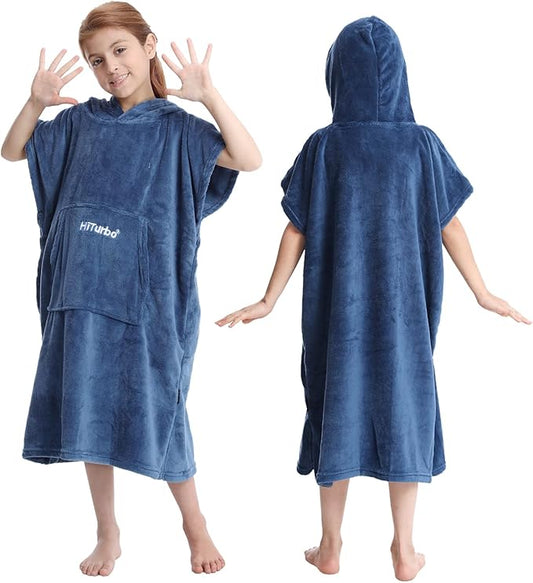 Hiturbo Kids Towel Changing Robe: Soft Plush Bath Towels - Warm Coral Fleece Hoodie - Swim Surf Poncho for 5-12 Years (Navy)