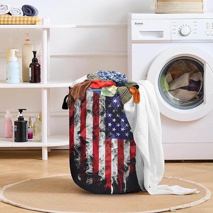 Smoke USA Flag Laundry Basket with Sturdy Handles, Memorial Day Patriotic Collapsible Oxford Cloth Laundry Hamper Organizer Basket for Bathroom Bedroom 15.7x20 Inch