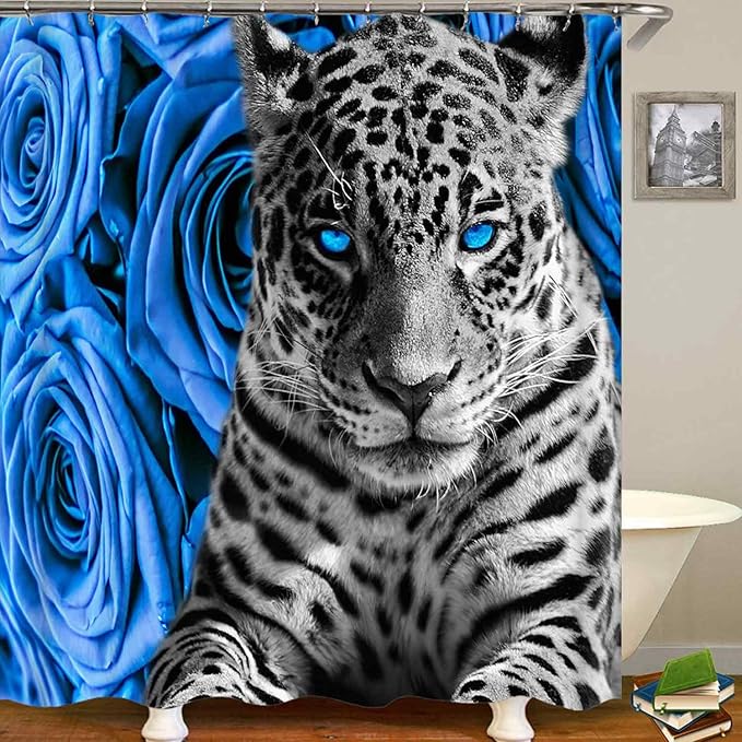 4PCS Blue Rose and Leopard Shower Curtain Sets with Rugs, Waterproof Fabric Shower Curtain, Modern Aesthetic Floral African Safari Wildlife Wild Animal Black and White Cheetah Bathroom Decor