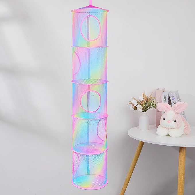 Basumee Stuffed Animals Net or Hammock 2 Pcs Stuffed Animals Storage Toy Net Hammock for Plushies Storage Organizer Mesh Kids Girls Room Decor, Rainbow, 5 Tiers