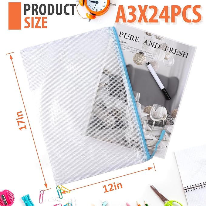 24pcs Mesh Zipper Pouch, PVC, Office Supplies Organizers, 17" x 12" A3, 8 Color, Foldable, Zipper Closure